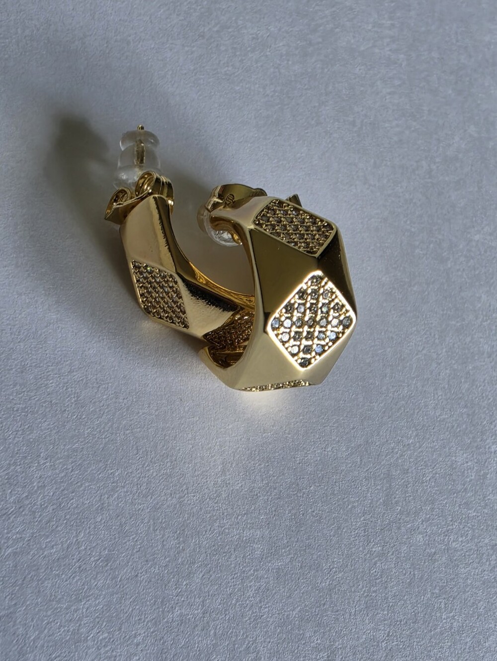 Gold Plated Geometric Huggie Hoop Earrings CZ Pave Rectangle Modern